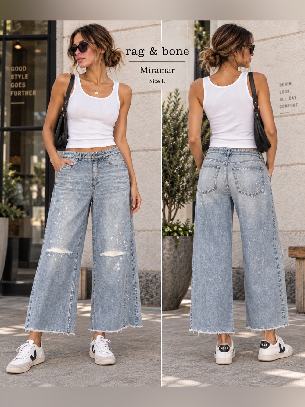 Rag & Bone Miramar Wide Leg Jeans Womens Large Light Wash Trompe L’Oeil Pull On